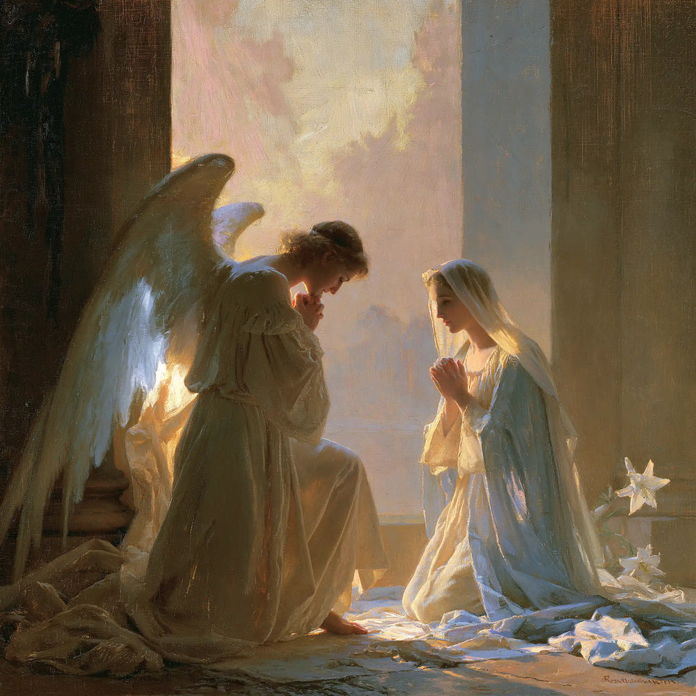 the Annunciation at dawn in The Annunciation at Dawn style, square Christian artwork no. 6