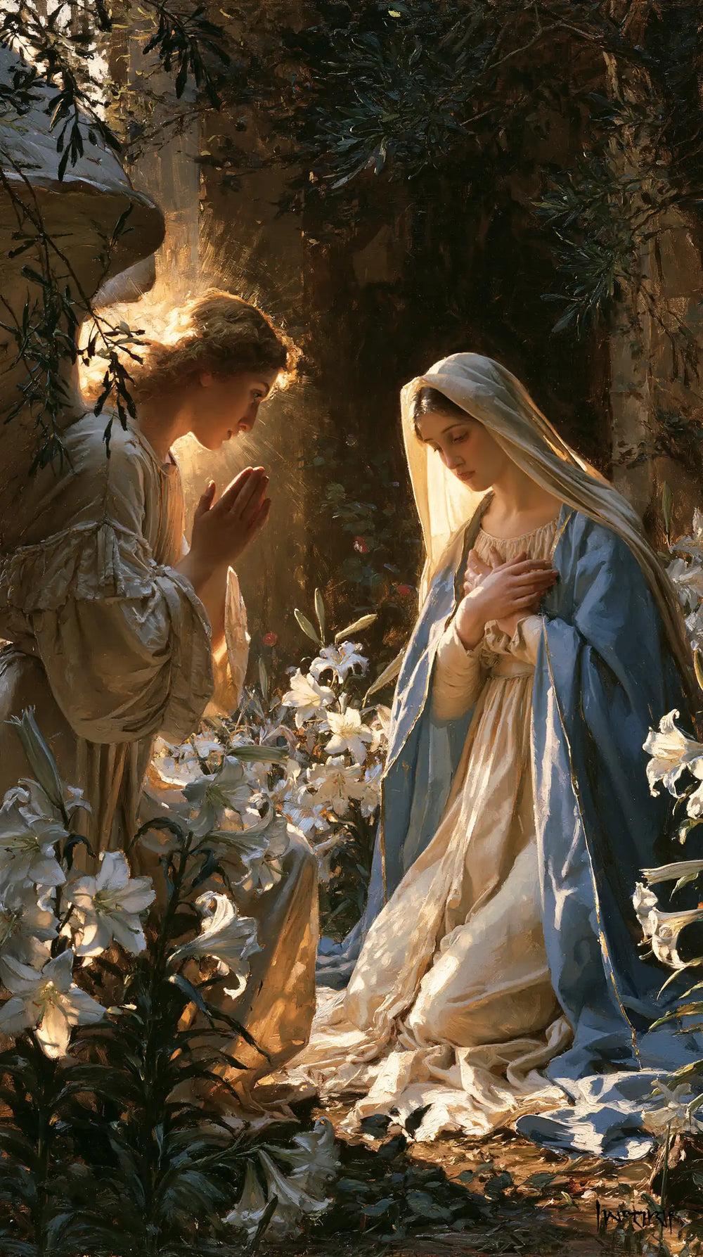 the Annunciation in a garden in The Annunciation in the Garden style, portrait Christian artwork no. 3