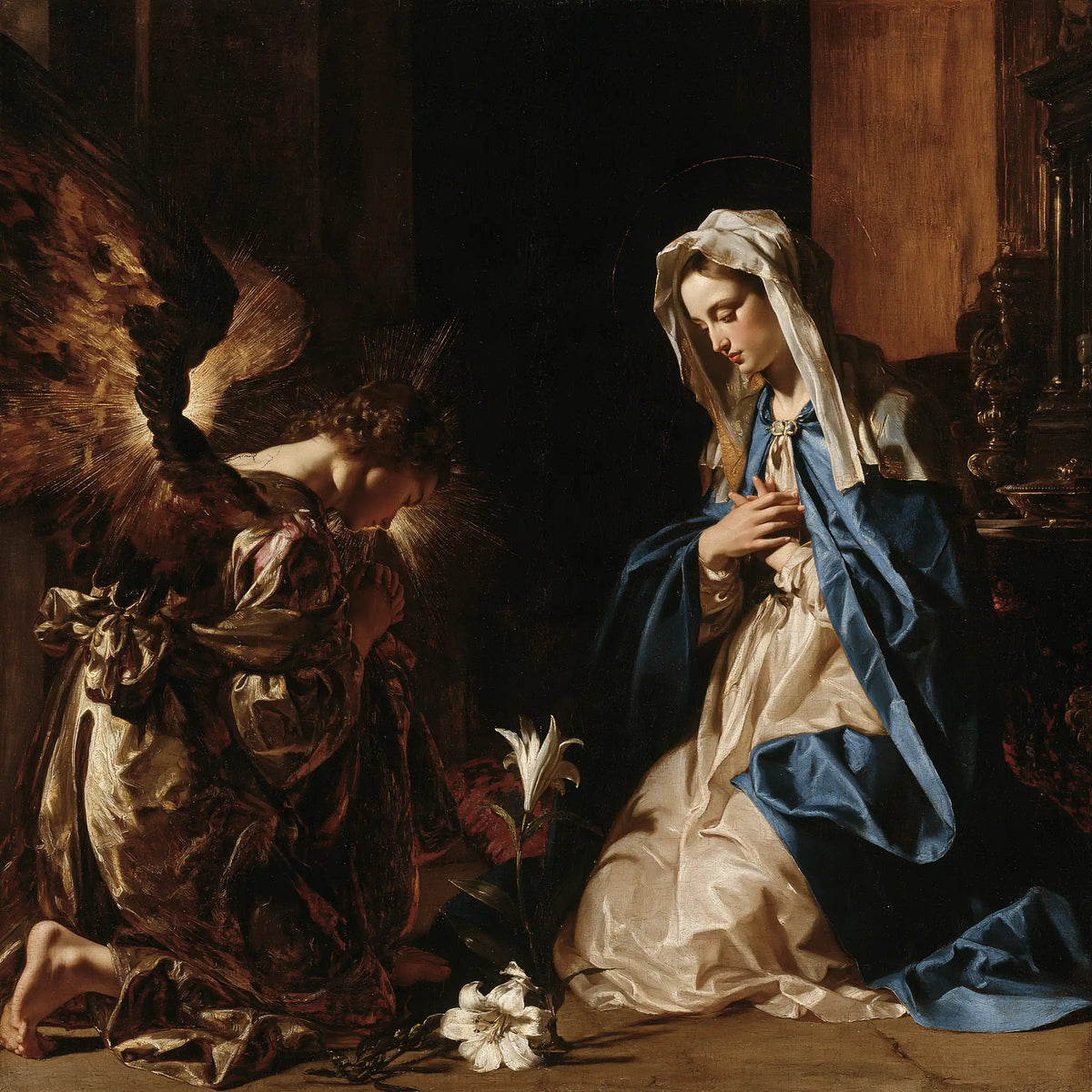 the Annunciation in black and gold in Black and Gold style, square Christian artwork no. 1