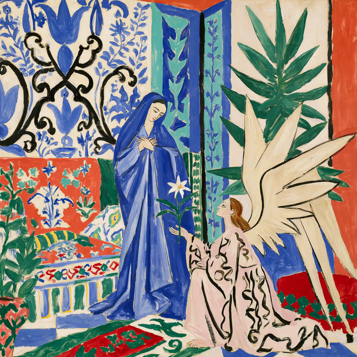 Mary in blue before kneeling Gabriel with cream wings in a blue white and red Fauvist garden square