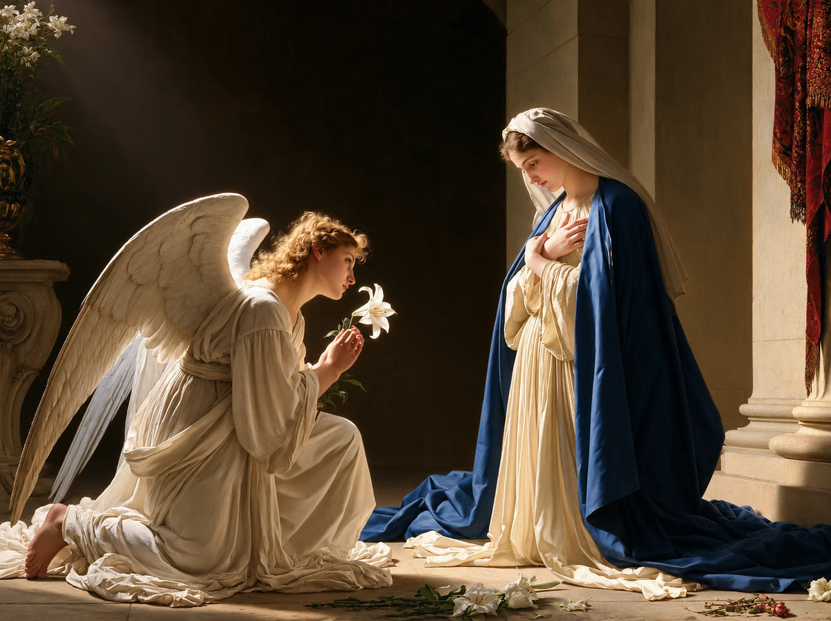 Archangel Gabriel kneeling with a white lily before the Virgin Mary in a dramatic chiaroscuro Annunciation scene