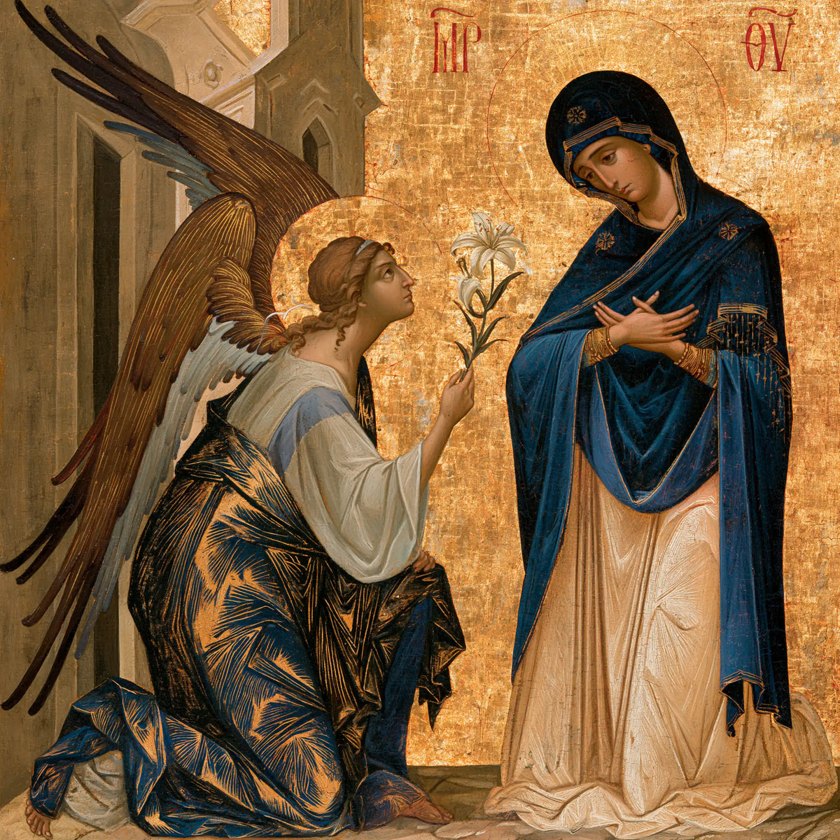the Annunciation in a contemporary Byzantine icon in Contemporary Byzantine style, square Christian artwork no. 4
