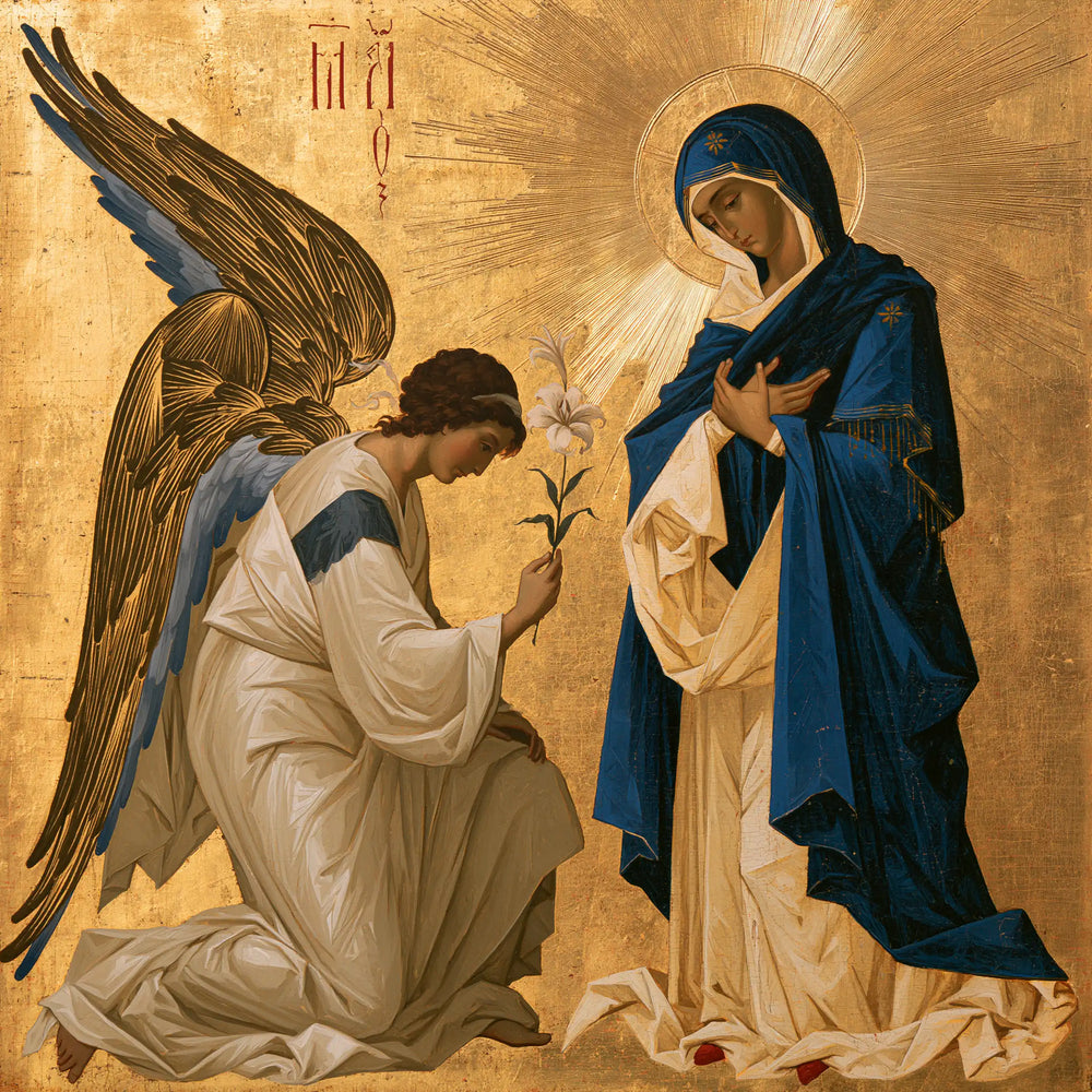 the Annunciation in a contemporary Byzantine icon in Contemporary Byzantine style, square Christian artwork no. 8