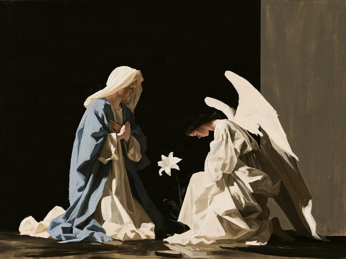 The Annunciation — Angular Folds in Pale Silence