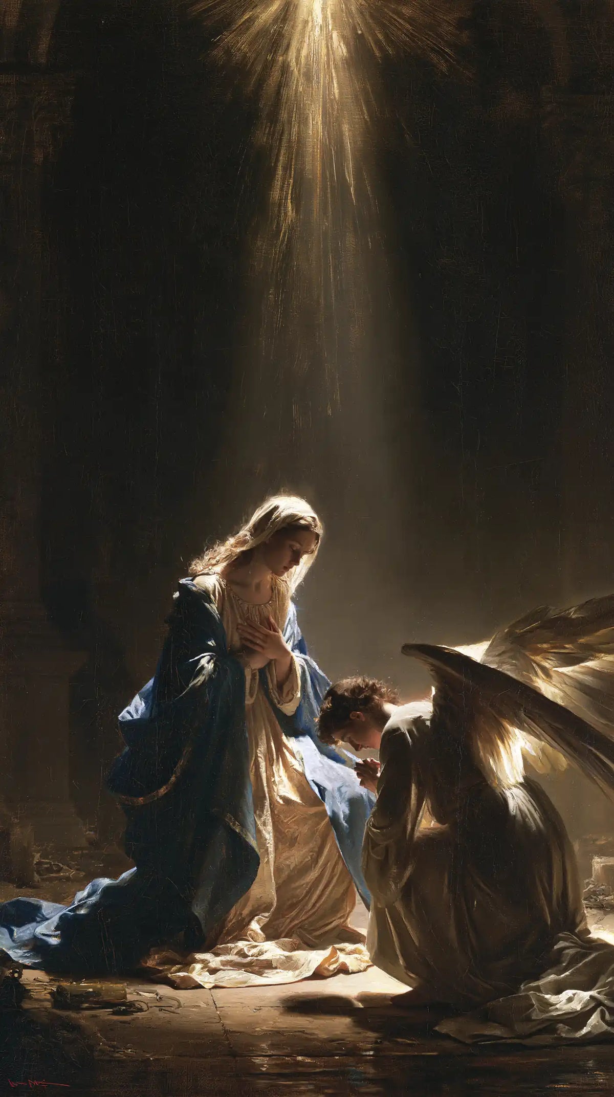 divine light descending upon Mary at the Annunciation in Divine Light Descending upon Mary style, portrait Christian artwork no. 11