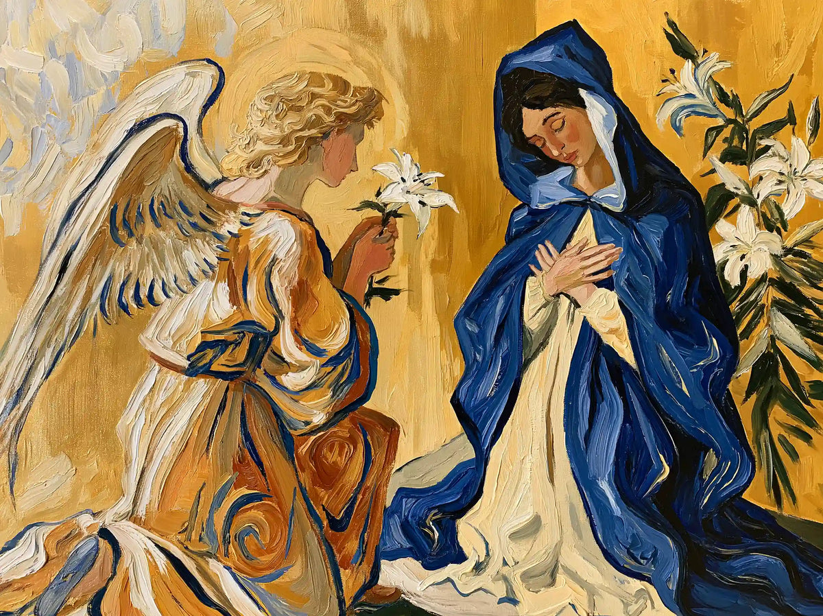 Mary beside tall garden lilies as Gabriel offers a flower in a Post-Impressionist Annunciation landscape