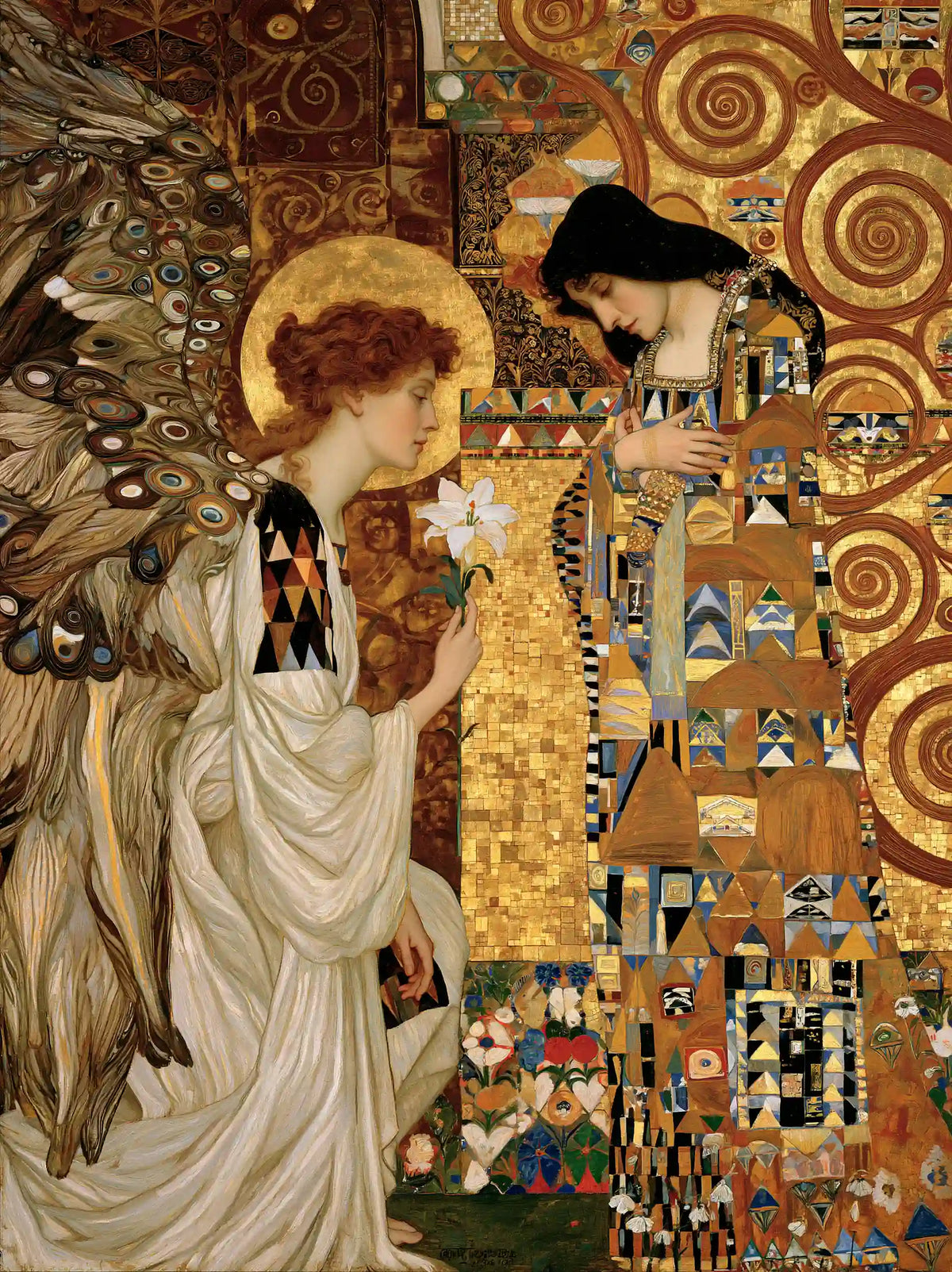 Gabriel bowing with a white flower before Mary inside a gold spiral sanctuary in a Vienna Secession portrait