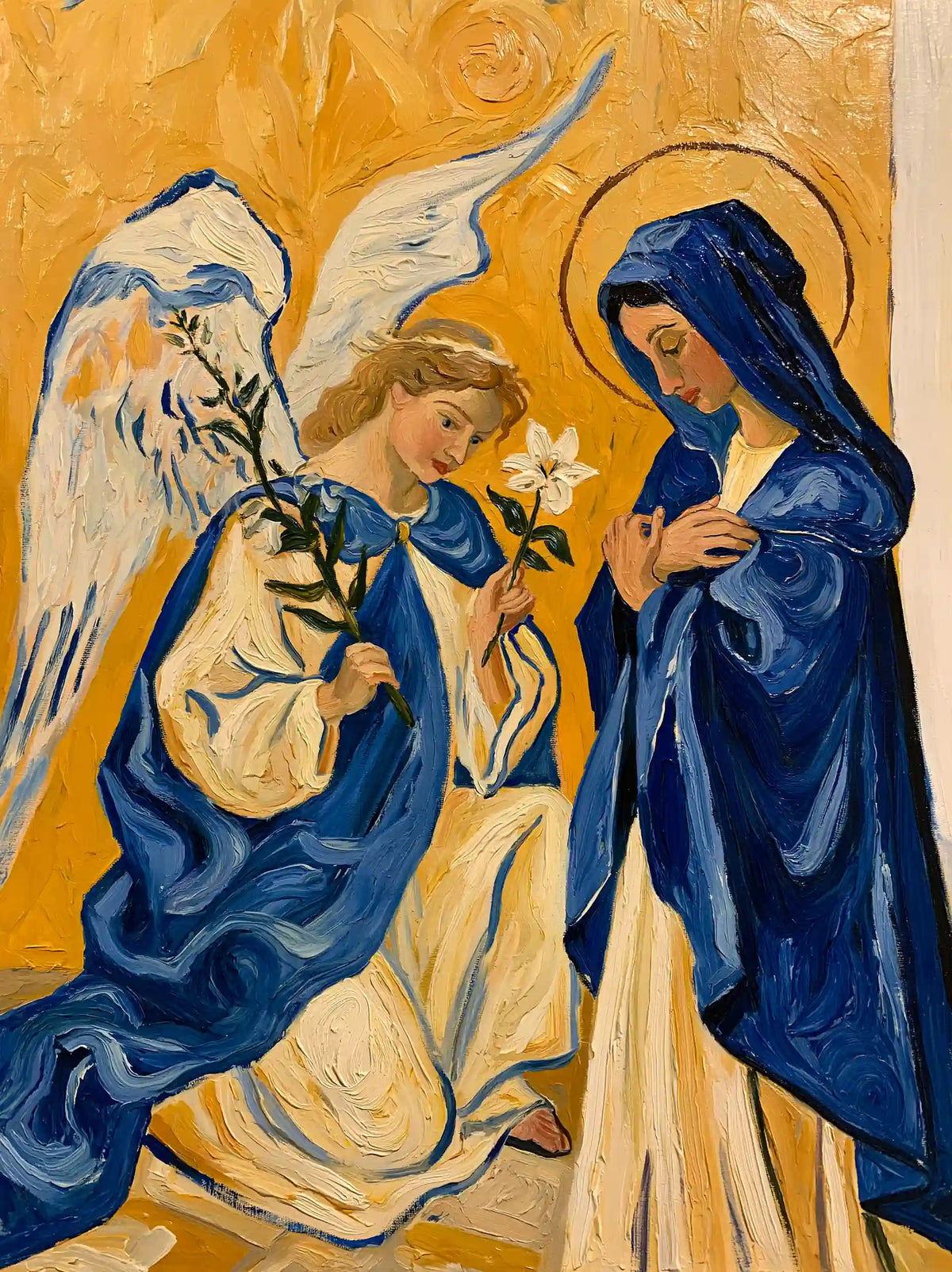 Gabriel kneeling among white lilies before Mary under a swirling golden sky in a Post-Impressionist portrait