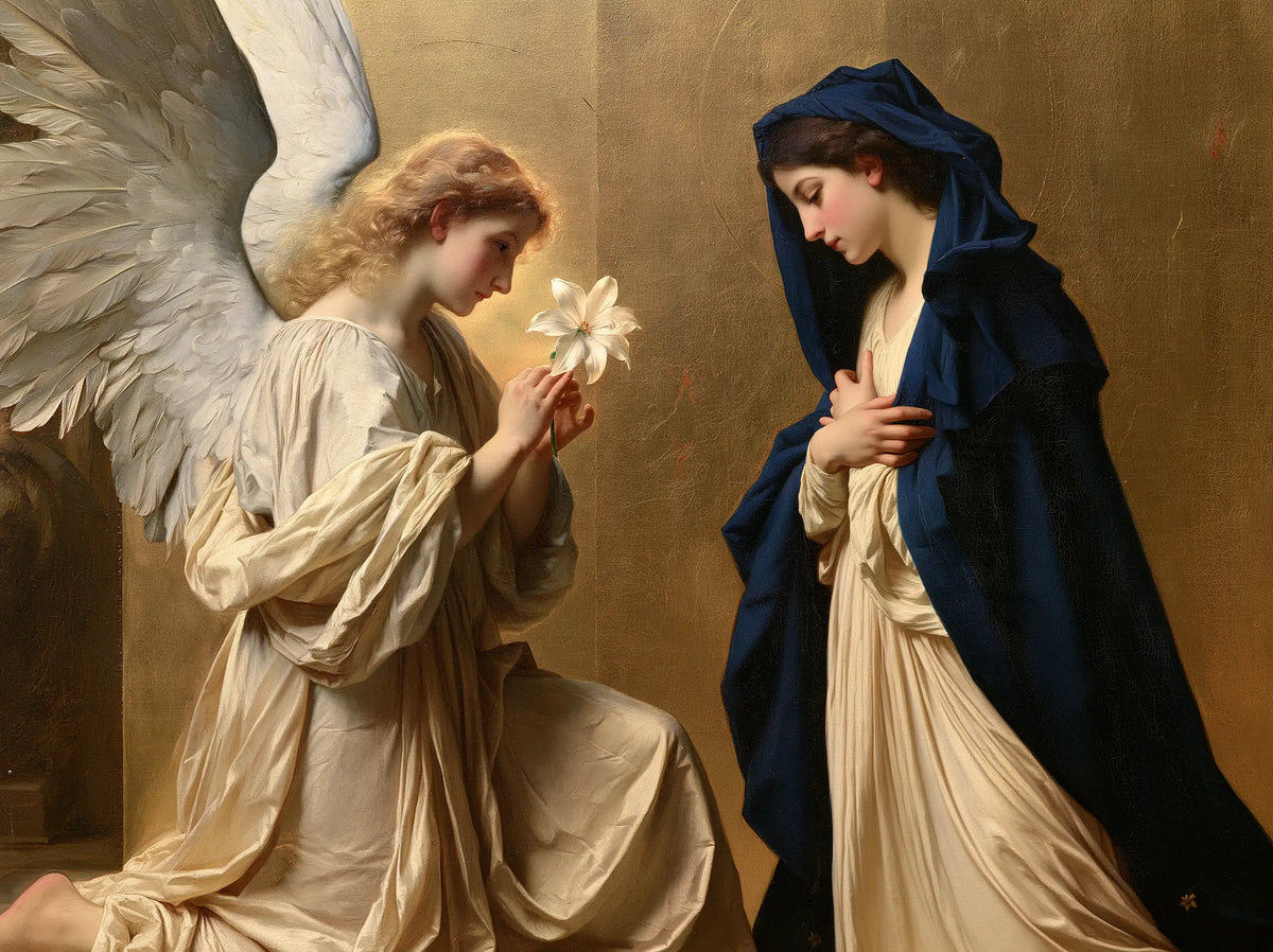 Gabriel with sweeping ivory wings presenting a white lily to Mary in a blue mantle · landscape format