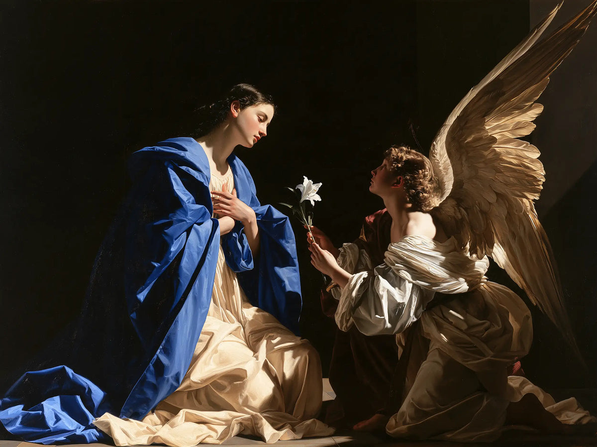 Mary and kneeling Gabriel joined by a low beam of light and a white lily in a wide tenebrist Annunciation · landscape format