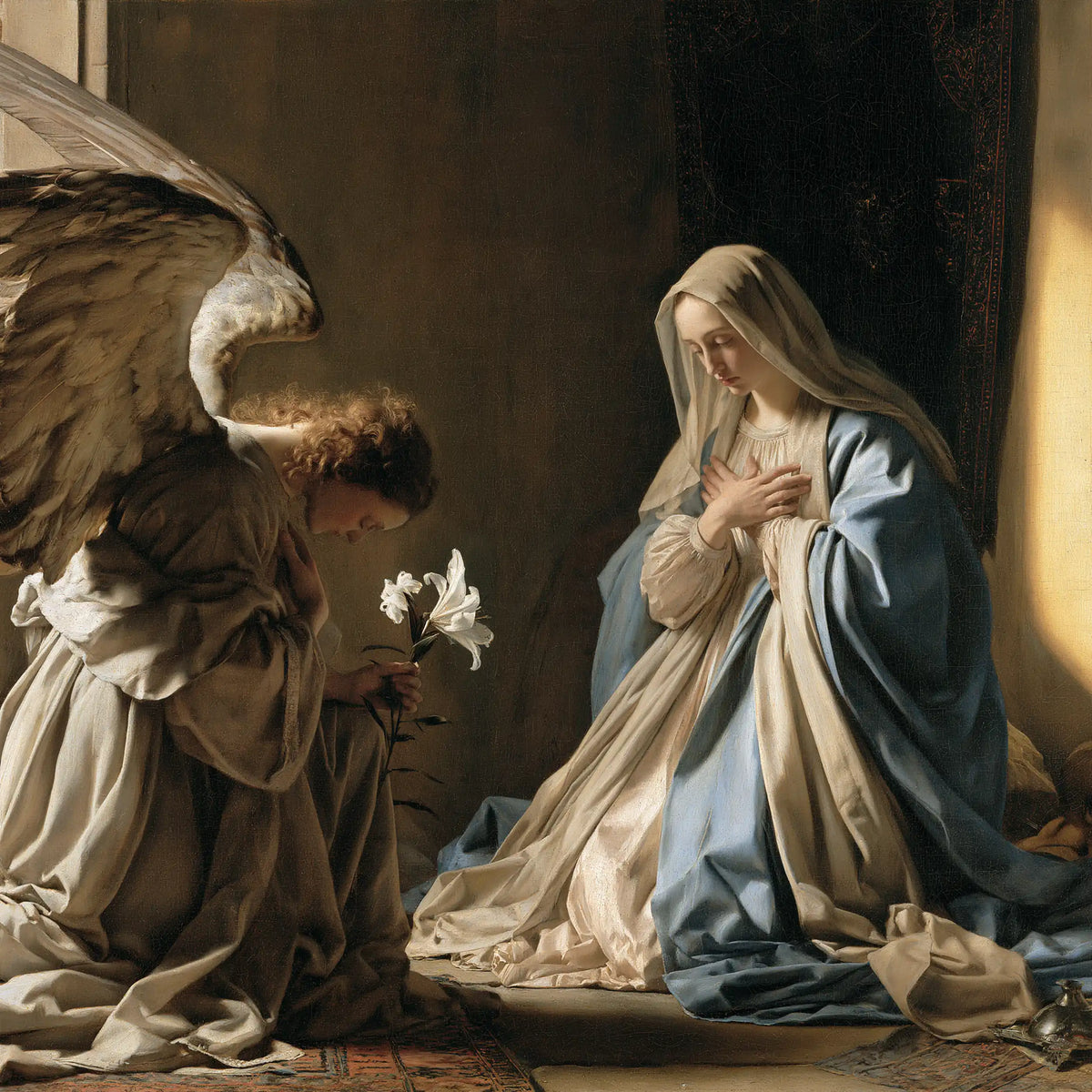 Mary kneeling before Gabriel at the Annunciation in Mary Kneeling before Gabriel style, square Christian artwork no. 2