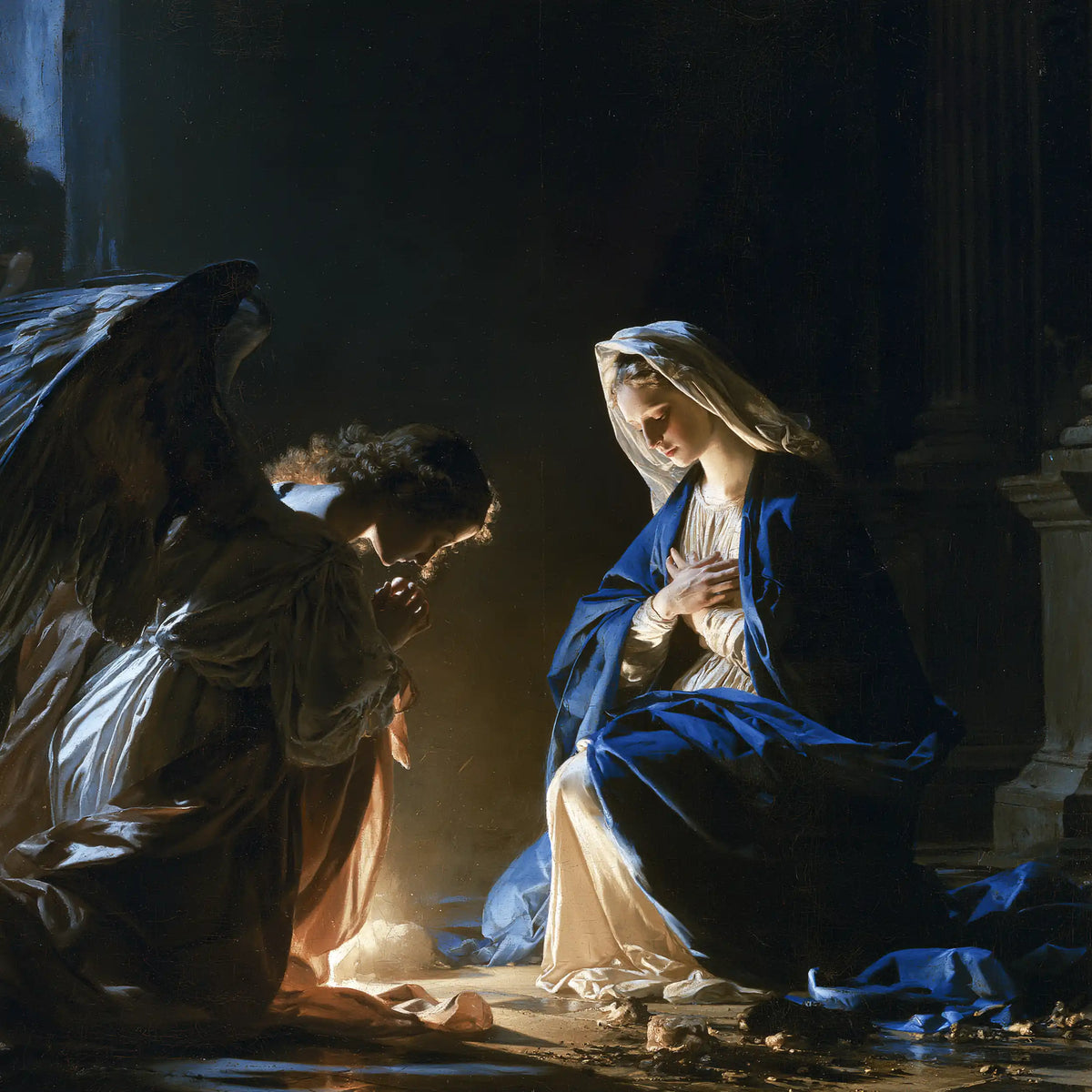 the Annunciation in midnight-blue chiaroscuro in Midnight Blue Chiaroscuro style, square Christian artwork no. 5