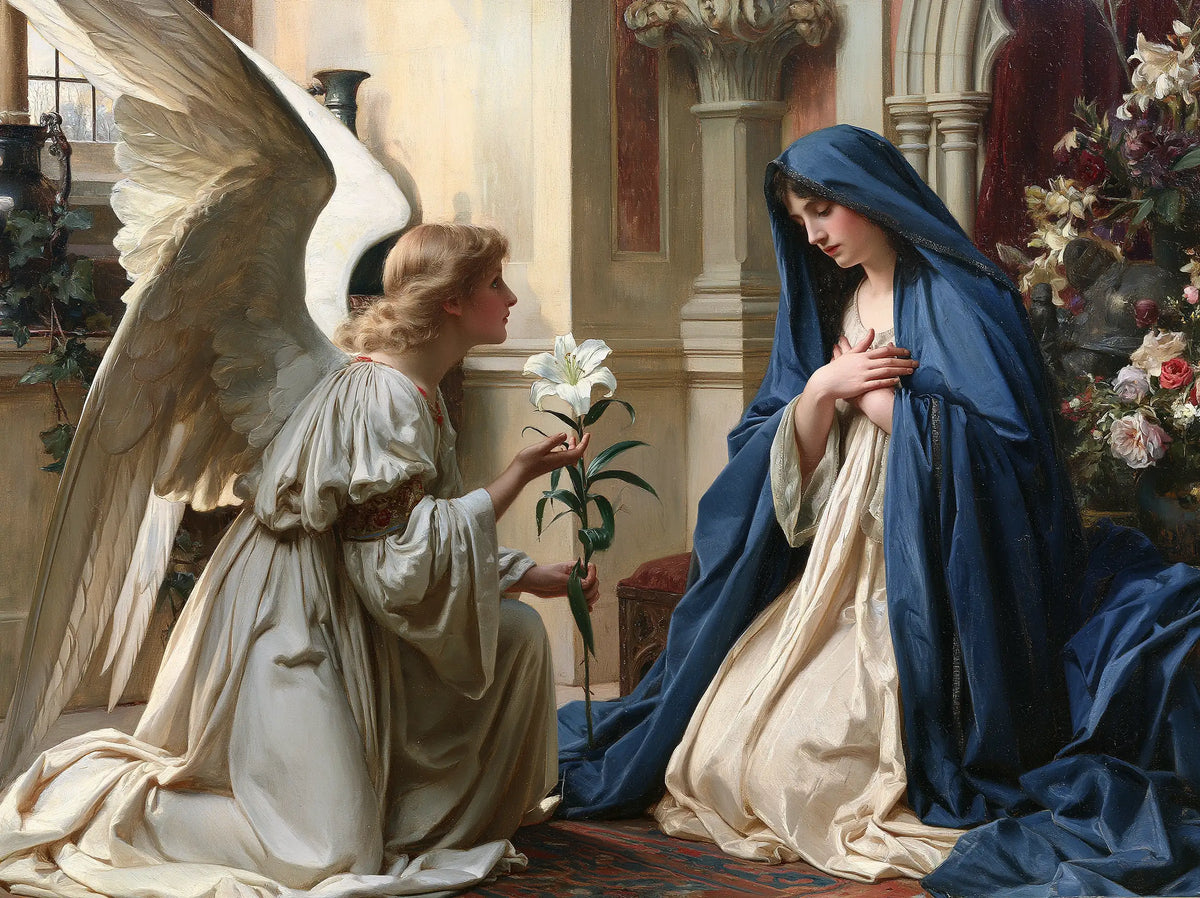 Gabriel kneeling before Mary with a white lily in an open flower-filled academic Annunciation loggia · landscape format