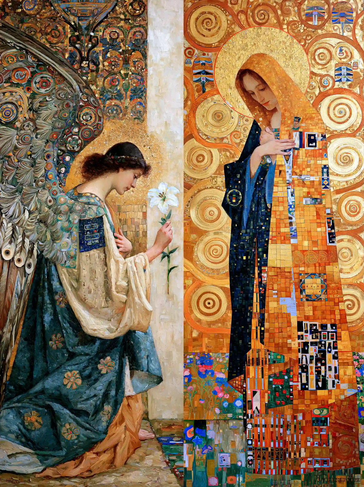Radiant halo behind Mary as Gabriel bows beneath dark wings in a golden Vienna Secession Annunciation portrait