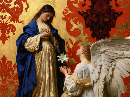 Mary in blue and gold receiving Gabriel's white lily against red and gold damask ornament · landscape format