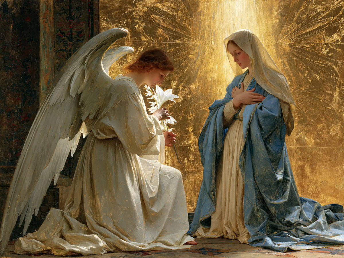 the Annunciation in sacred golden light in Sacred Gold style, landscape Christian artwork no. 8