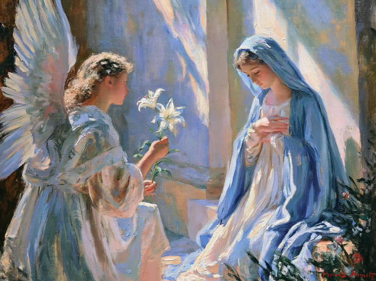 Gabriel kneeling with a white lily before Mary beside a sunlit window in an Impressionist Annunciation landscape