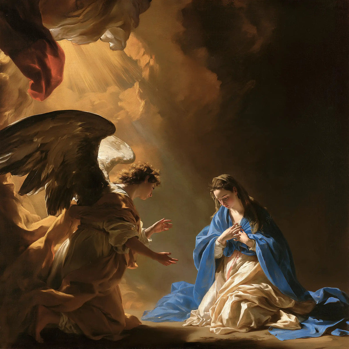 the Annunciation in a theatrical Baroque scene in Theatrical Baroque style, square Christian artwork no. 4