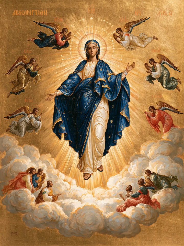 The Assumption of Mary — The Heavenly Court in Quiet Gold
