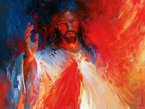 Jesus as Divine Mercy with red and pale rays, expressionist landscape Christian artwork