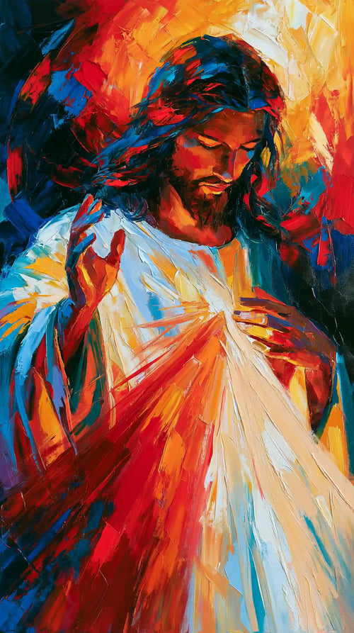 Jesus as Divine Mercy with red and pale rays, expressionist portrait Christian artwork