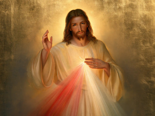Divine Mercy Jesus in radiant golden light in Sacred Gold style, landscape Christian artwork no. 9