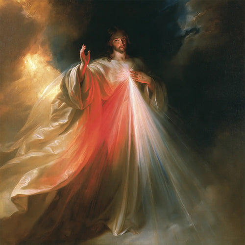 Divine Mercy Jesus in a theatrical Baroque scene in Theatrical Baroque style, square Christian artwork no. 2