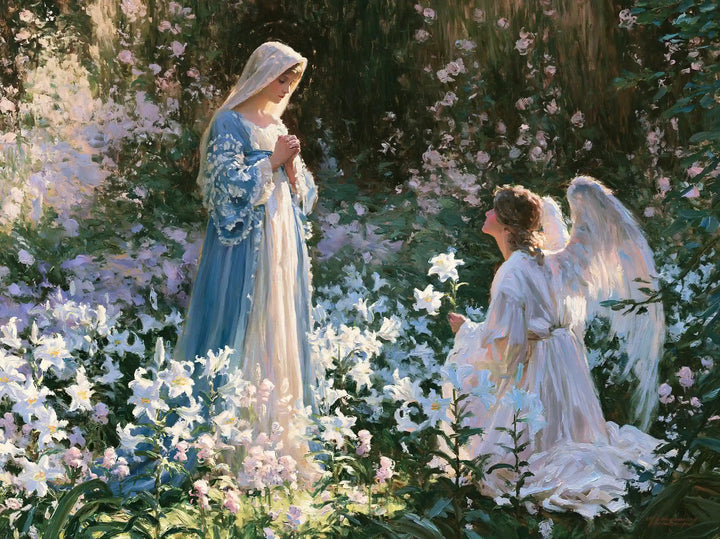 Gabriel Kneeling in the Lily Garden – Impressionist Art · Landscape