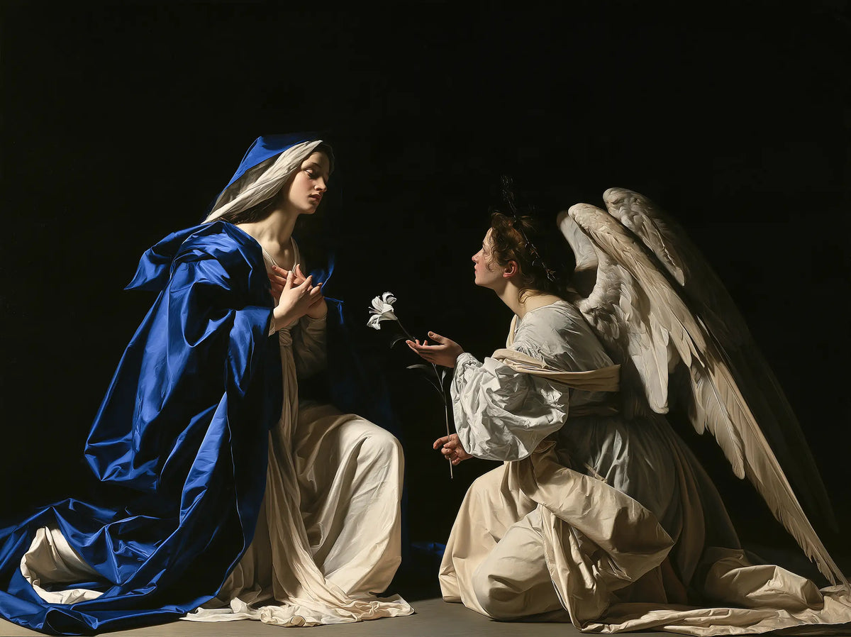 Gabriel's Message in Sapphire Shadow – Caravaggio-Inspired Tenebrist Art · Landscape
