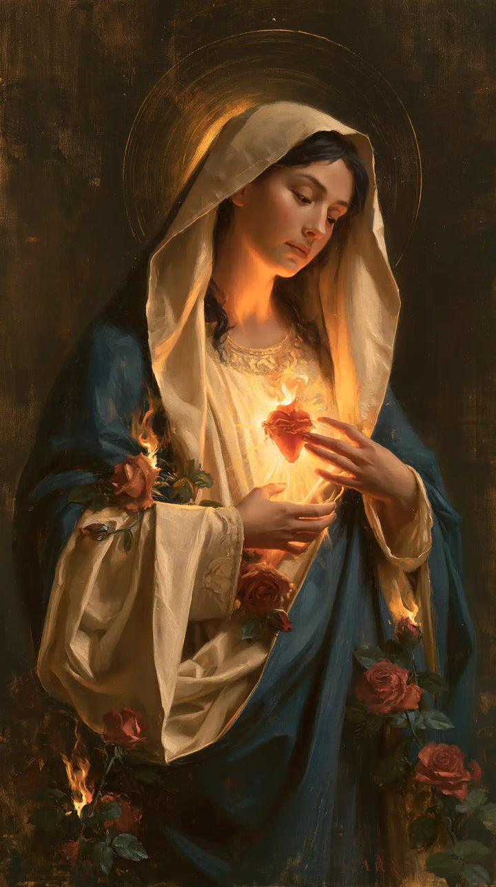 The Immaculate Heart of Mary — A Gentle Inclination in Golden Fire