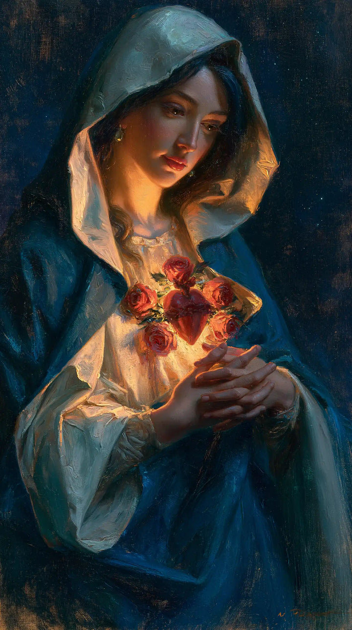The Immaculate Heart of Mary — The Ardent Bouquet Above Interlaced Fingers