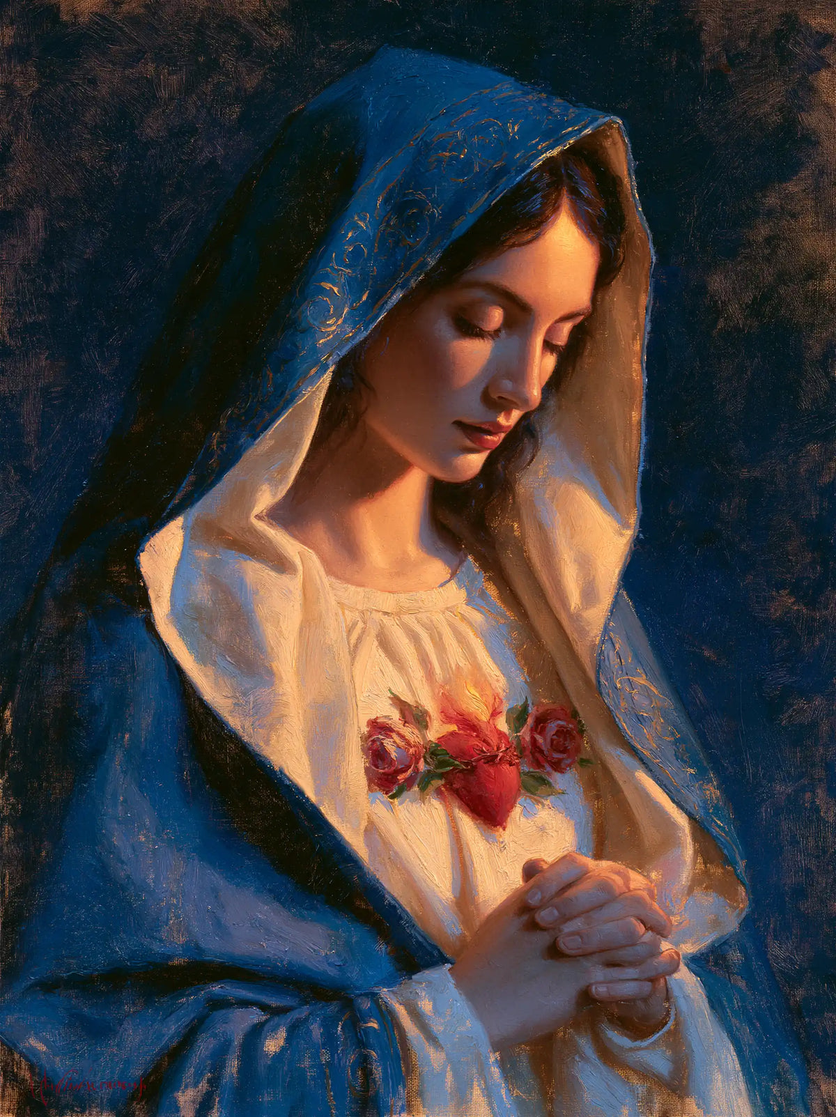 The Immaculate Heart of Mary — Prayer Beneath Embroidered Blue