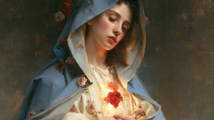 The Immaculate Heart of Mary — The Heart Beneath the Blue-Framed Inclined Gaze
