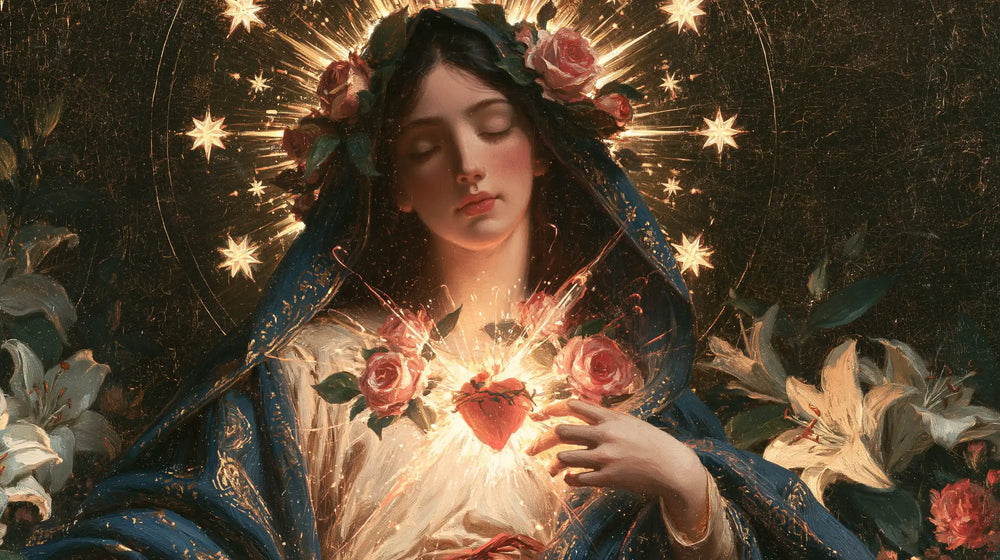the Immaculate Heart of Mary in a symbolist composition in Symbolist style, landscape Christian artwork no. 14