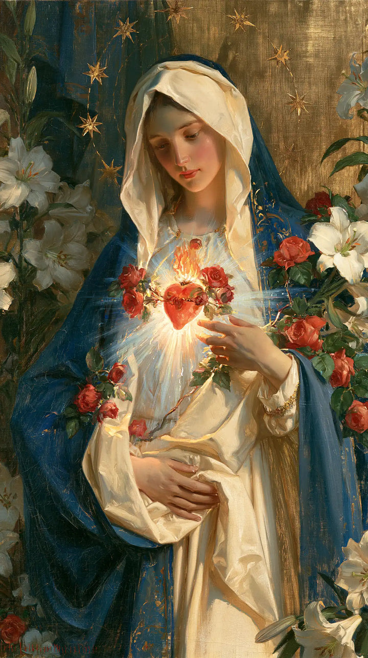 The Immaculate Heart of Mary — The Red Heart Amid Tall Blossoms