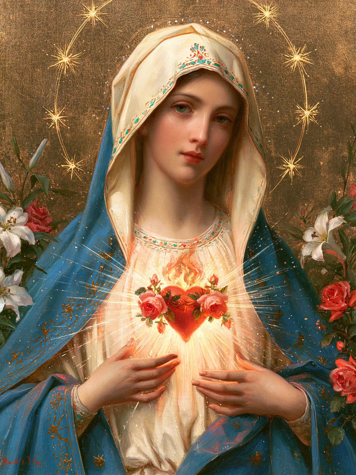 The Immaculate Heart of Mary — The Red Heart Beneath the Gold-Flowered Veil
