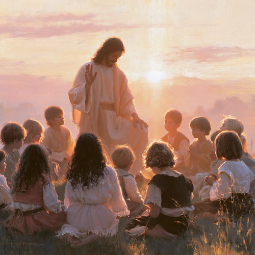 Jesus and the children gathered at dawn in Jesus and the Children at Dawn style, square Christian artwork no. 3