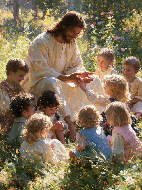 Jesus with children in an impressionist atmosphere in Impressionist style, portrait Christian artwork no. 16