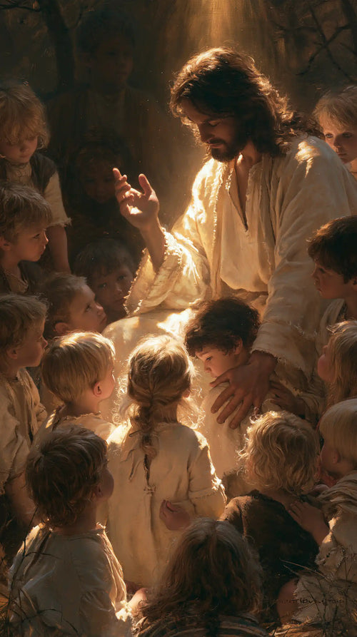 Jesus as divine light among the children in Jesus as Divine Light style, portrait Christian artwork no. 2