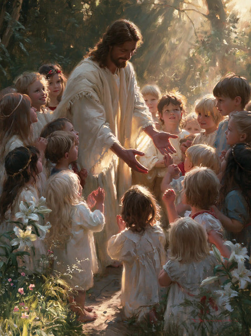 Jesus and the children in a symbolist composition in Symbolist style, portrait Christian artwork no. 13