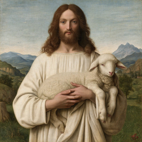 Jesus with a lamb in Florentine Renaissance style in Florentine Renaissance style, square Christian artwork no. 1