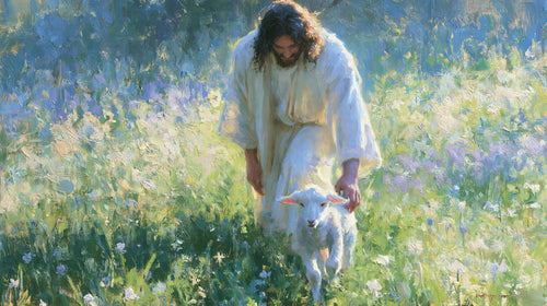 Jesus with a lamb in an impressionist pastoral scene in Impressionist style, landscape Christian artwork no. 11