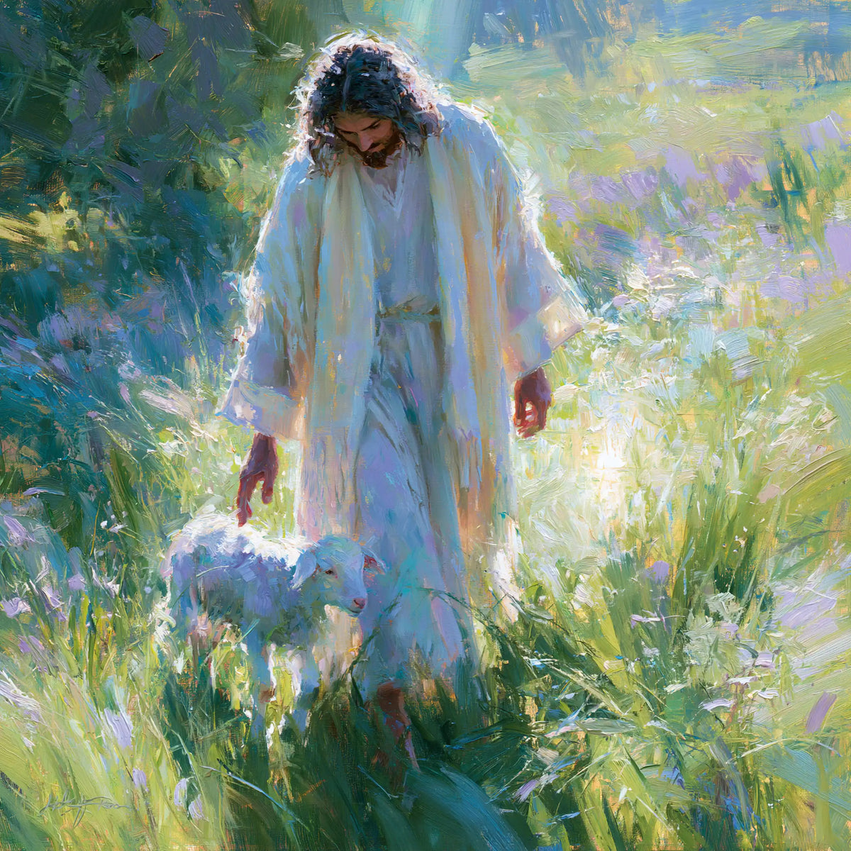 Jesus and the Lamb — The Robe Among Flowering Shadows