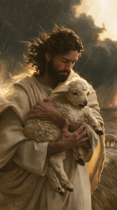 Jesus protecting a lamb in Jesus Protecting the Lamb style, portrait Christian artwork no. 4