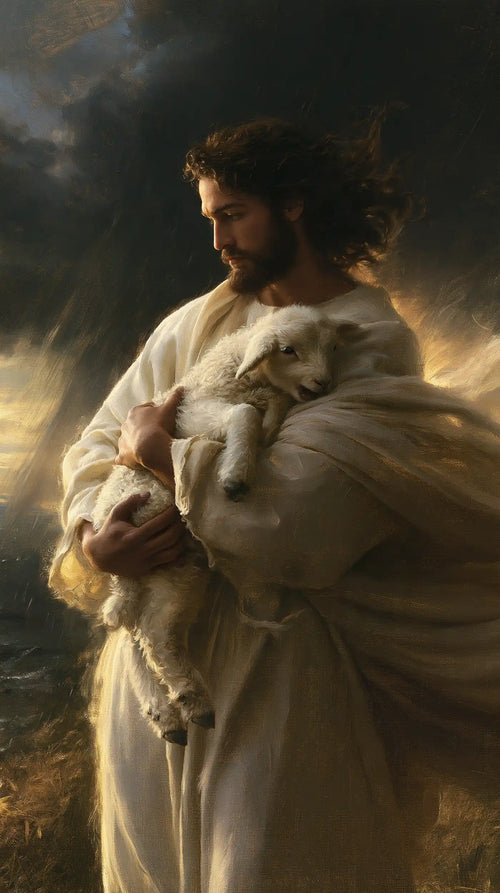 Jesus protecting a lamb in Jesus Protecting the Lamb style, portrait Christian artwork no. 7
