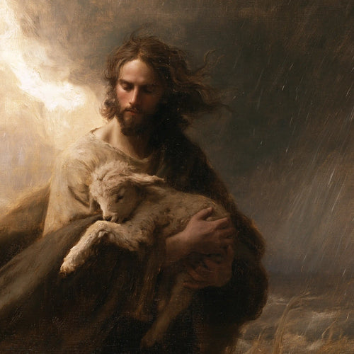 Jesus protecting a lamb in Jesus Protecting the Lamb style, square Christian artwork no. 7