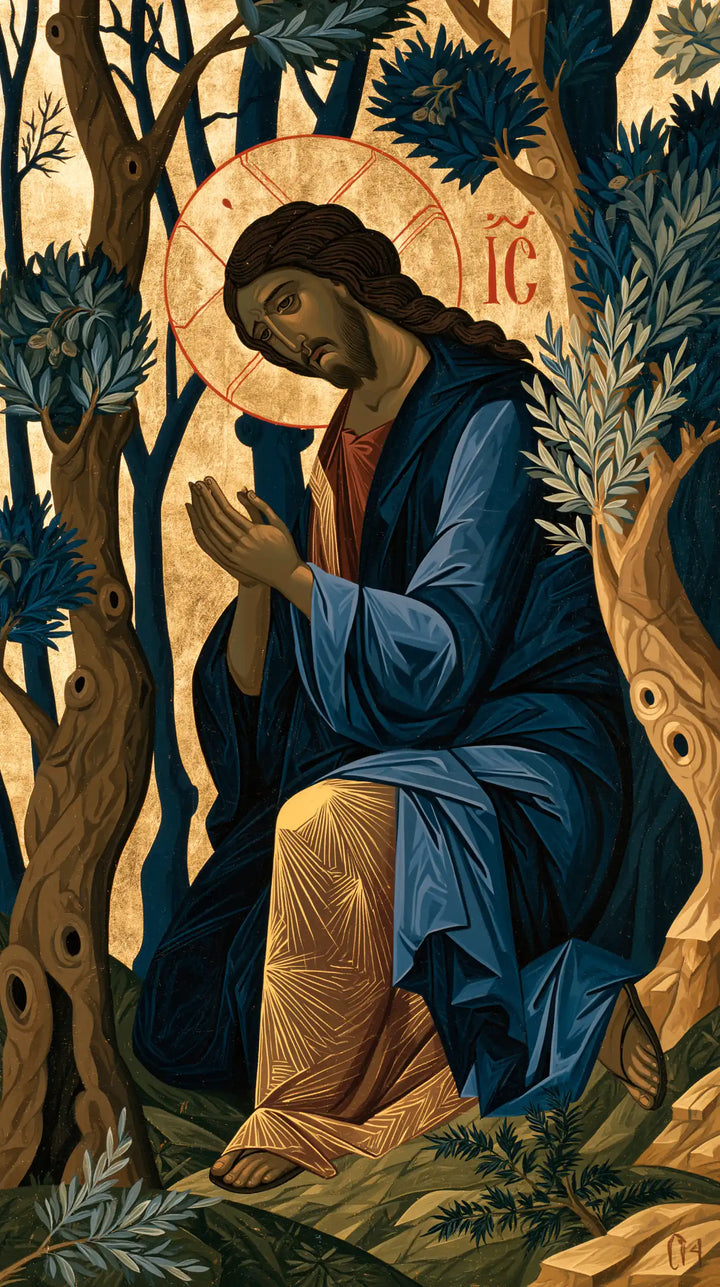 Jesus in Gethsemane — The Golden Knee beneath the Blue Cloak