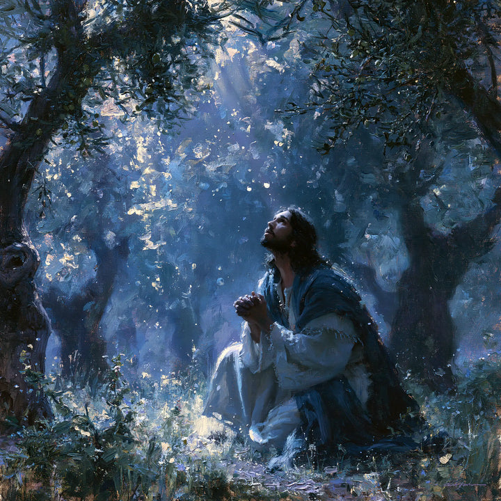 Jesus in Gethsemane — Light Falling between the Olive Trees