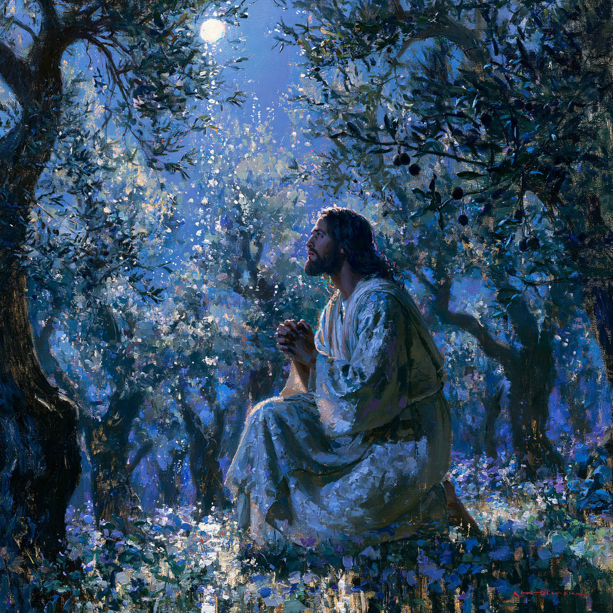 Jesus in Gethsemane — Leaves Awakened beneath the Moon