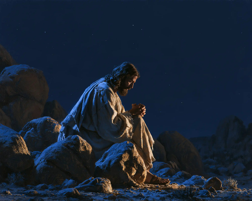 Jesus in the desert during the temptation in Midnight Blue Chiaroscuro style, landscape Christian artwork no. 6